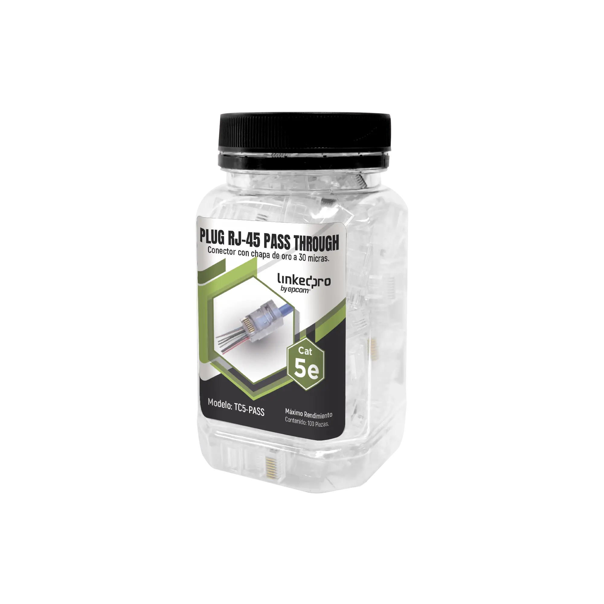 Bote con 100 Plugs Pass through RJ45 Cat5e sin blindaje, chapado de oro a 30 micras para durabilidad extrema
