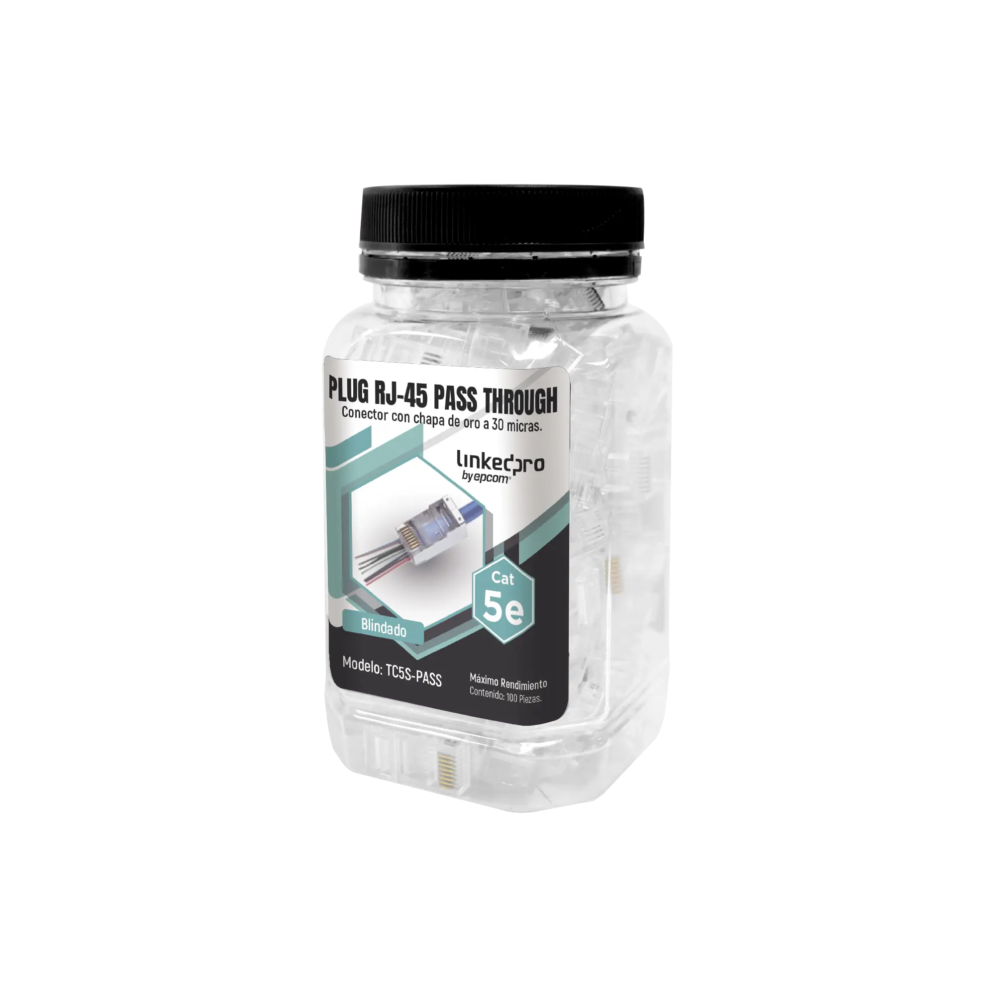 Bote con 100 Plugs Pass through RJ45 Cat5e BLINDADO, chapado de oro a 30 micras para durabilidad extrema