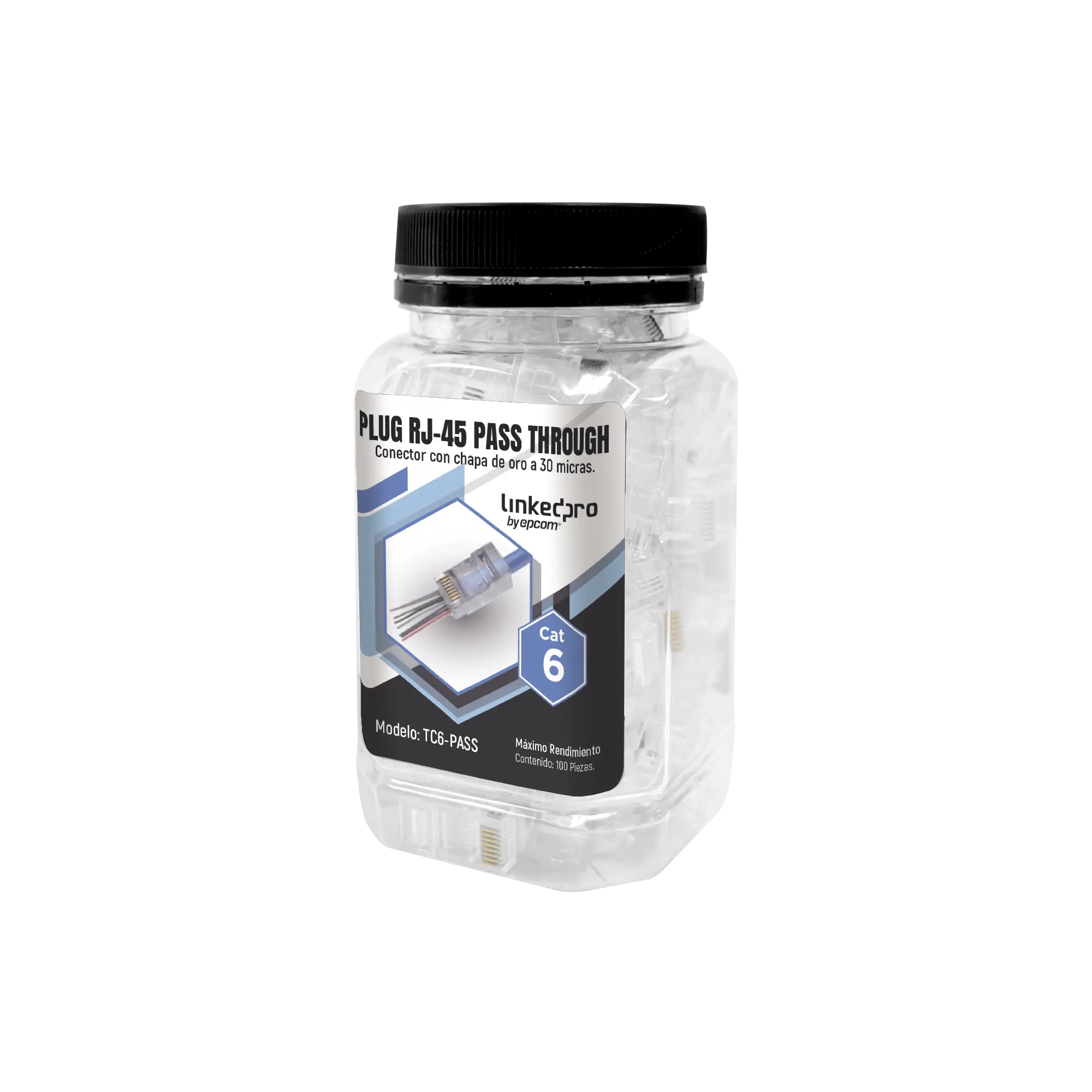 Bote con 100 Plugs Pass through RJ45 Cat6 sin blindaje, chapado de oro a 30 micras para durabilidad extrema