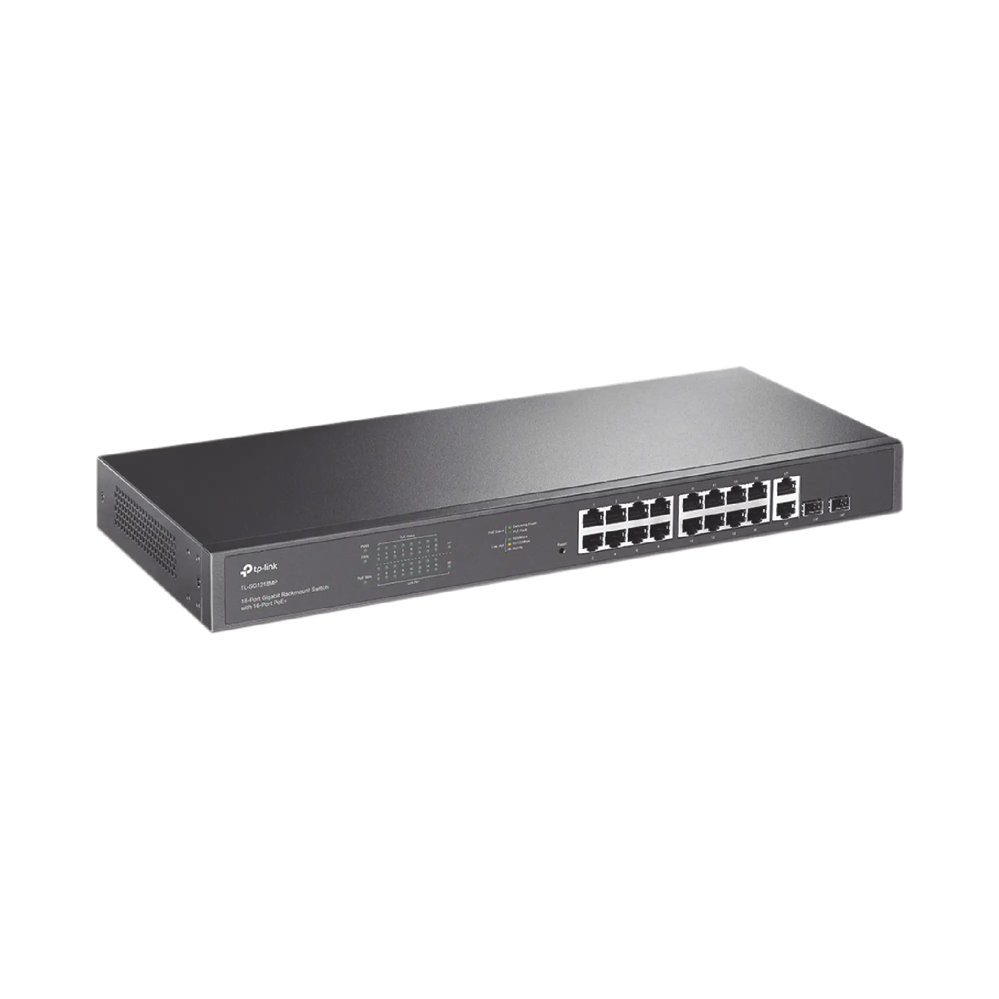 Switch no administrable de 16 puertos 10/100/1000Mbps y PoE af/at, 2 puertos SFP hasta 250W.