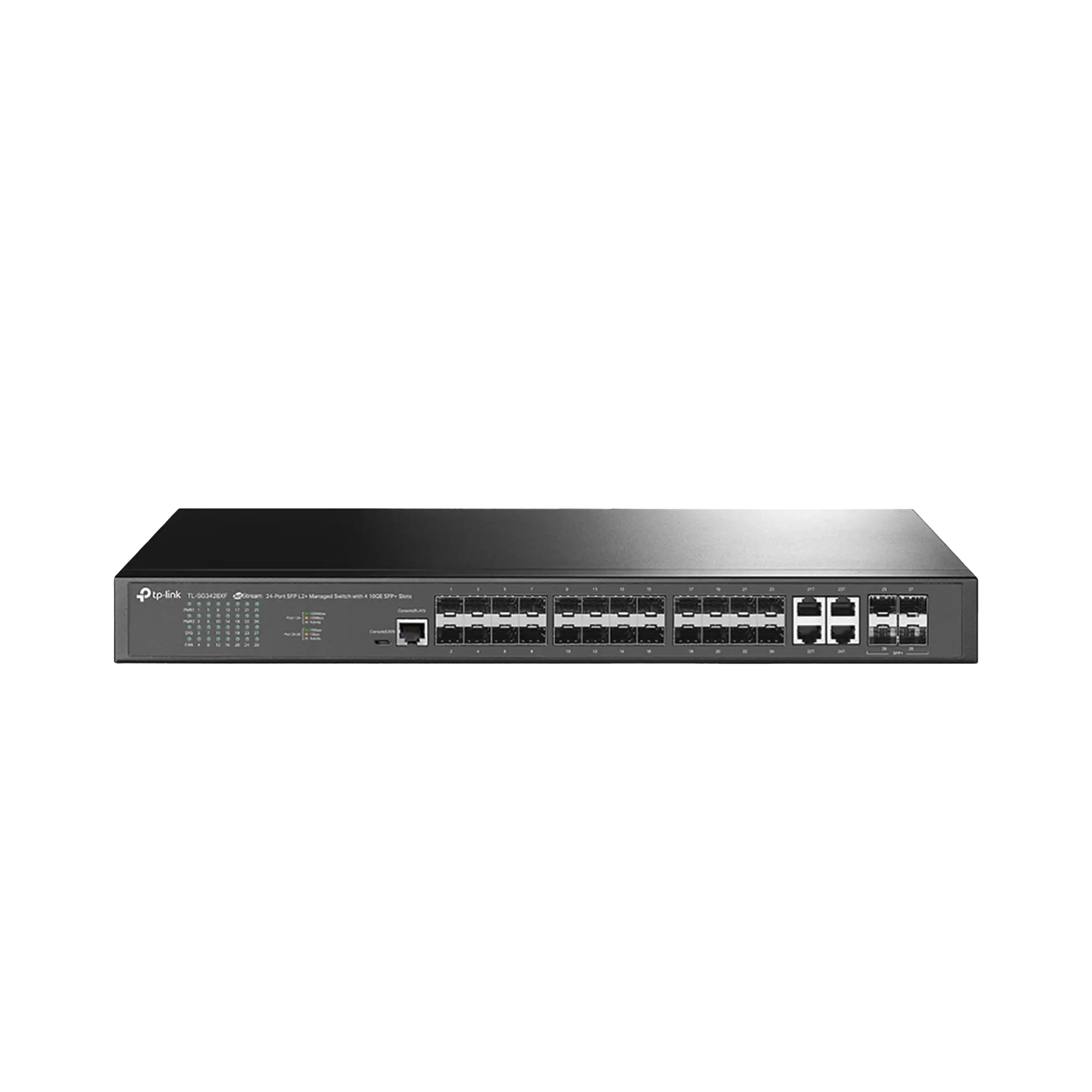 Switch de Fibra Óptica L2+ Omada / 24 puertos SFP 1GE / 4 Puertos Combinados SFP+/RJ45 Gigabit / 2 Puertos Consola RJ45|micro-SUB / Administración Centralizada Omada o Stand-Alone / Compatile con IPv6 / Multicast IGMP
