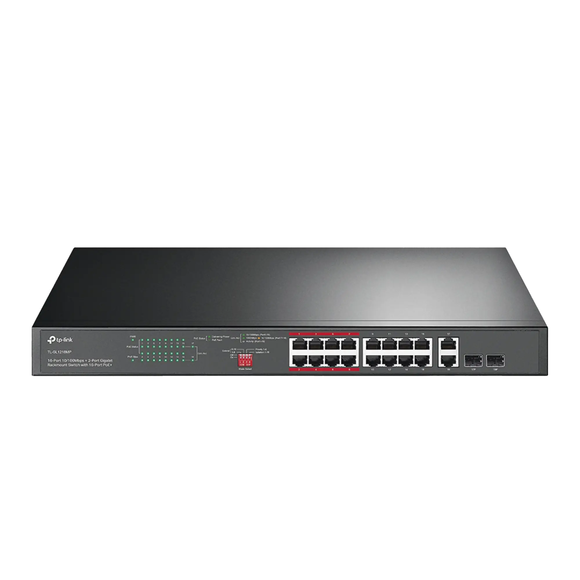 Switch PoE+ No Administrable de 16 puertos 10/100 Mbps / 2 puertos 10/100/1000 Mbps en Combo con 2 Puertos SFP / Presuuesto PoE 250 W / Extensor PoE de hasta 250 metros