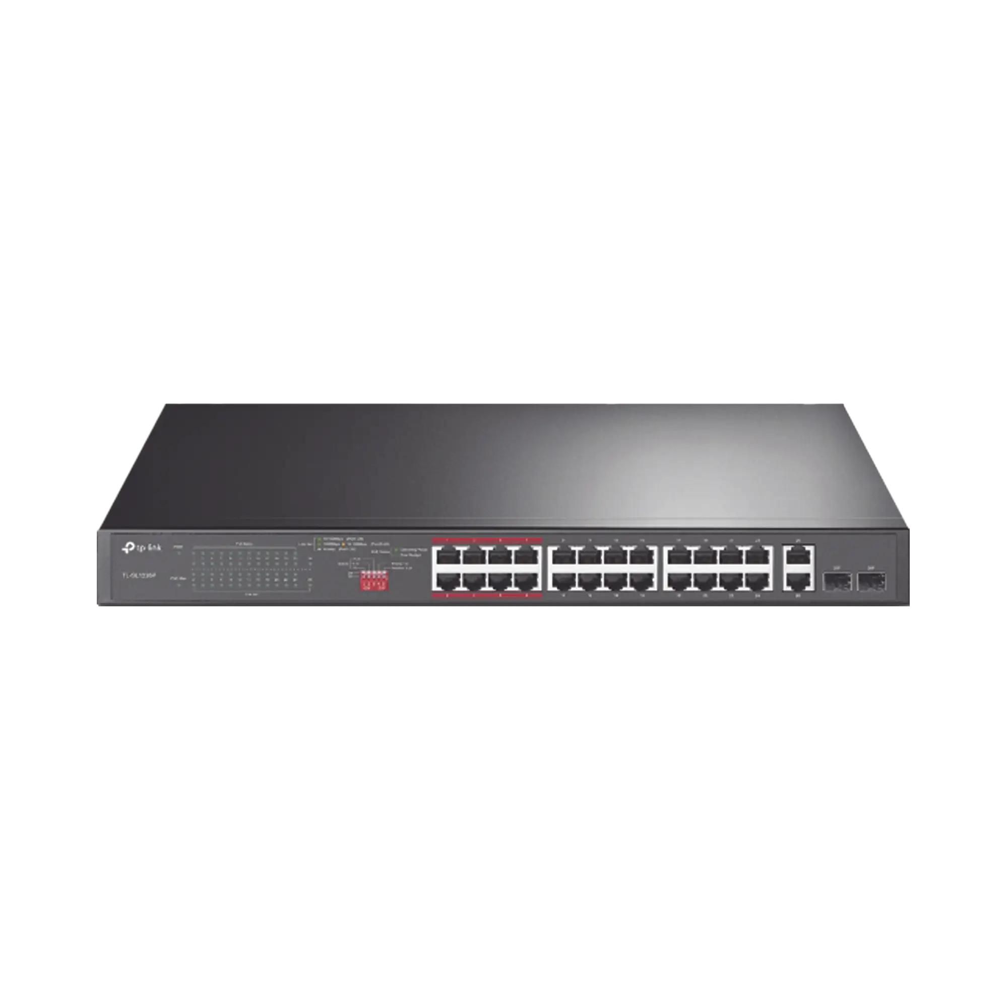 Switch No Administrable 24 Puertos PoE+ 10/100 Mbps / 2 Puertos 10/100/1000 Mbps + 2 Puertos SFP (combo) / Modo Prioridad de Tráfico / Modo Aislamiento de Red / Presupuesto PoE de 250 W / Diseño para Ideal para Vigilancia IP