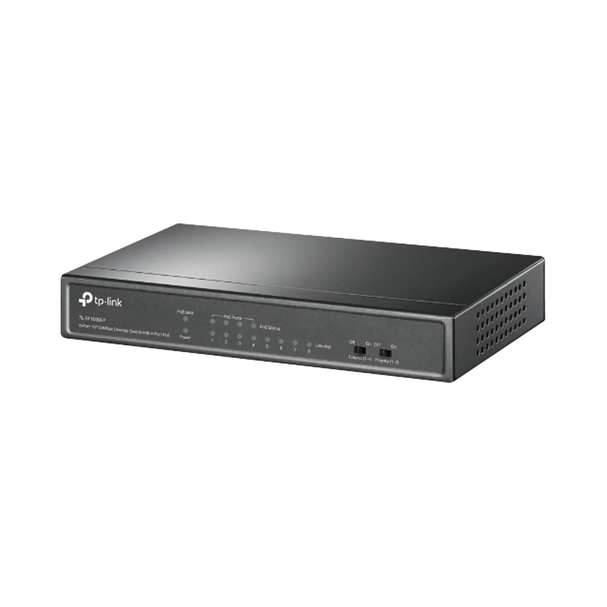 Switch PoE No Administrable de Escritorio / 8 puertos 10/100 Mbps / 4 puertos PoE af / Presupuesto 41 W / Modo extensor PoE hasta 250 metros / Calidad video prioritaria