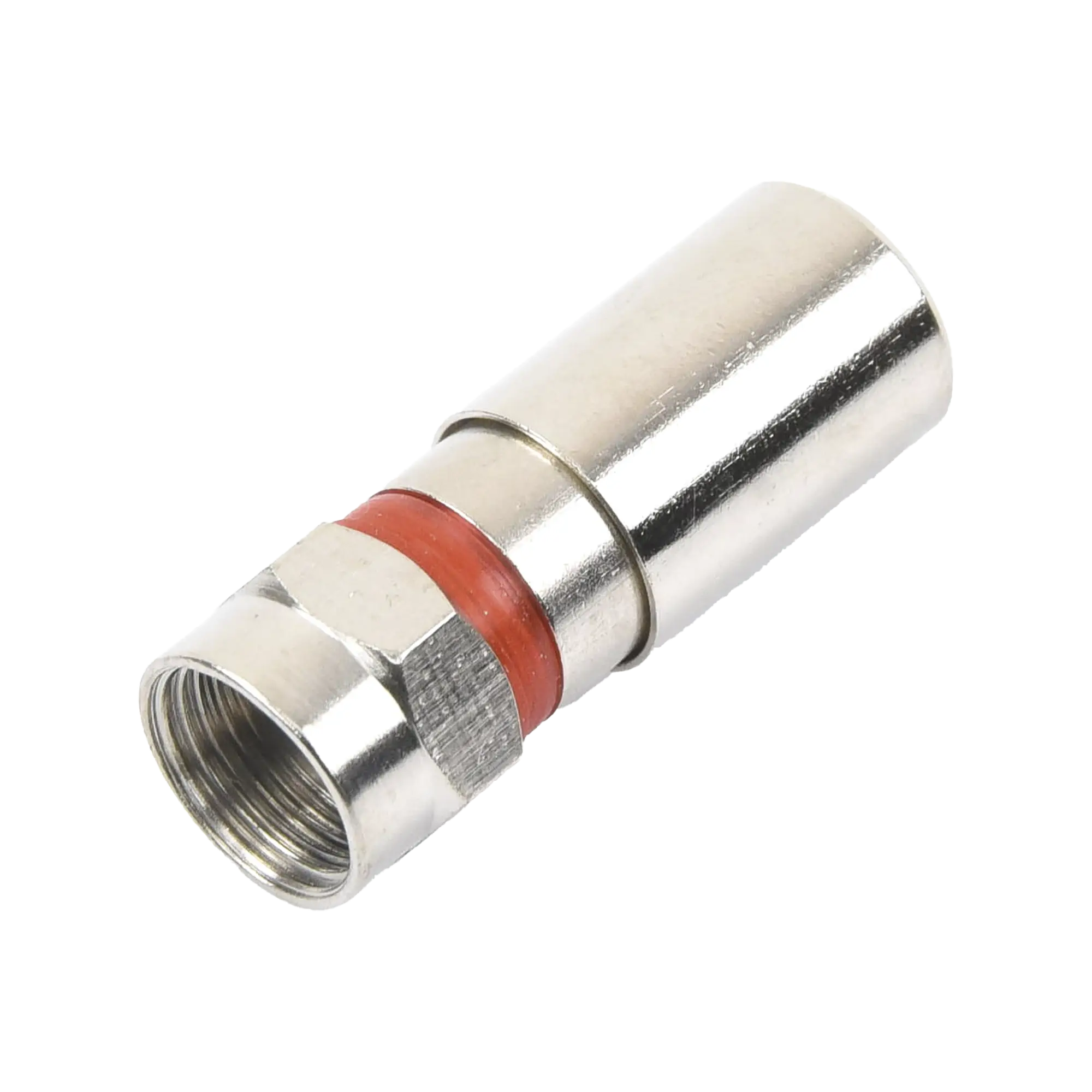 Conector F Macho de Compresión, Metálico para cable RG-59, Cuerpo de Bronce Niquelado.