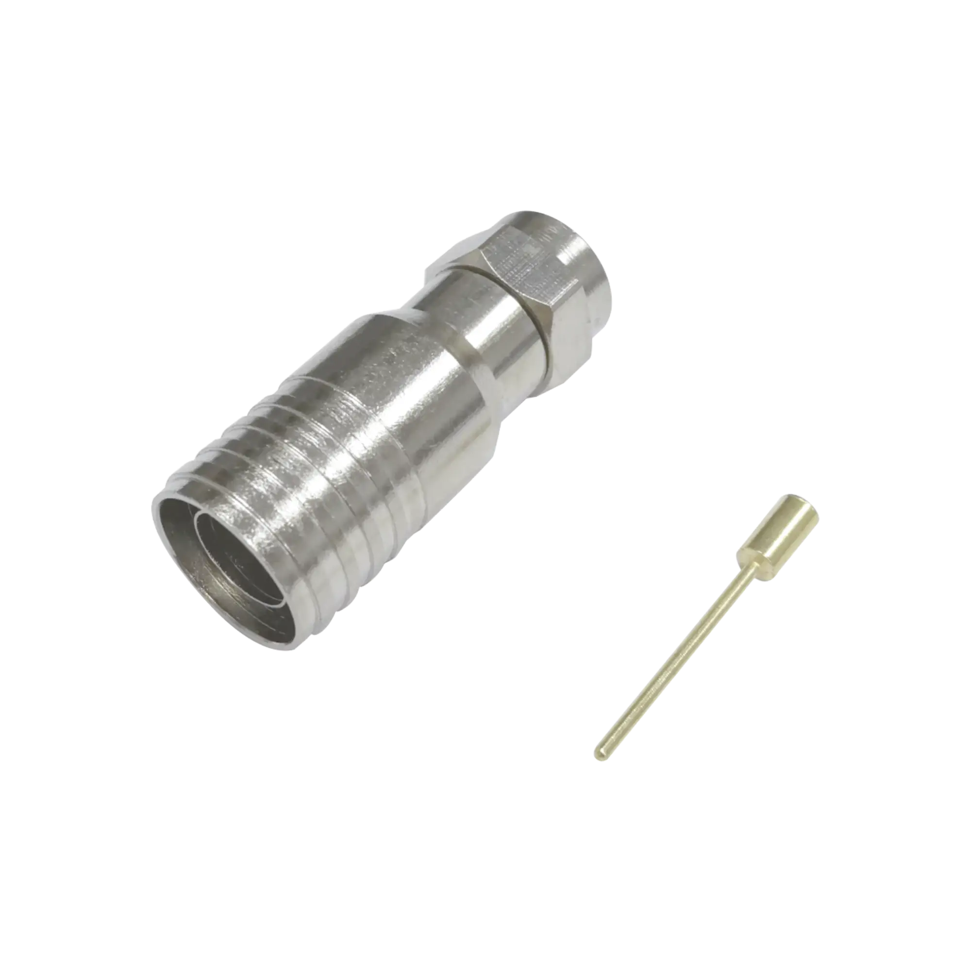 Conector F Macho en 75 Ohm, Plegable para Instalar en Cables Coaxiales RG-11, Cuerpo de Bronce-Niquelado/ Teflón.