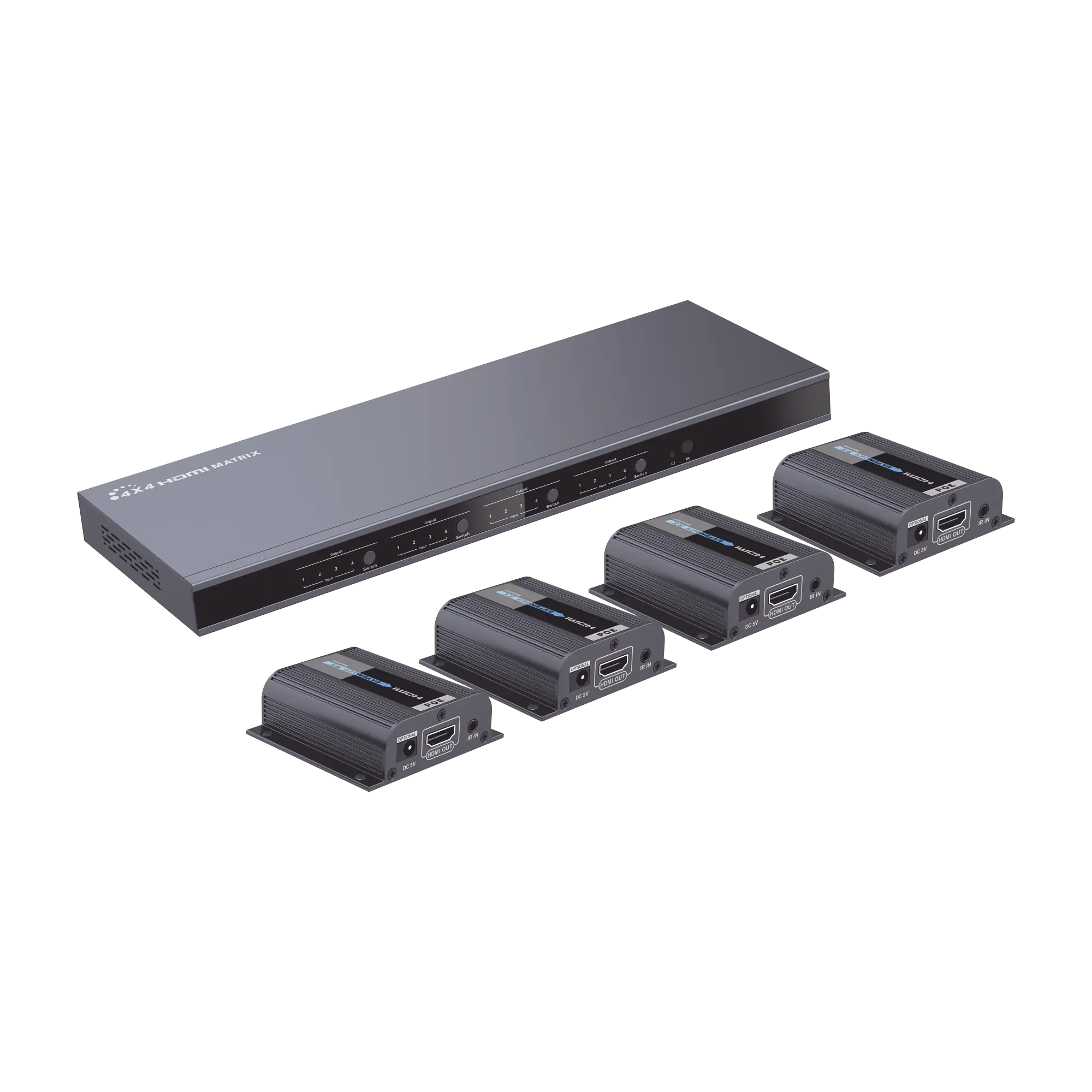 MATRICIAL Y EXTENSOR DE VIDEO HDMI 4 x 4 / 4 Entradas HDMI / 4 Salidas HDMI Loop / 4 Salidas RJ45 para Extender la señal 40 metros por salida  /  1080 @ 60Hz / Conmutación por RS232, Control Remoto o Ethernet.