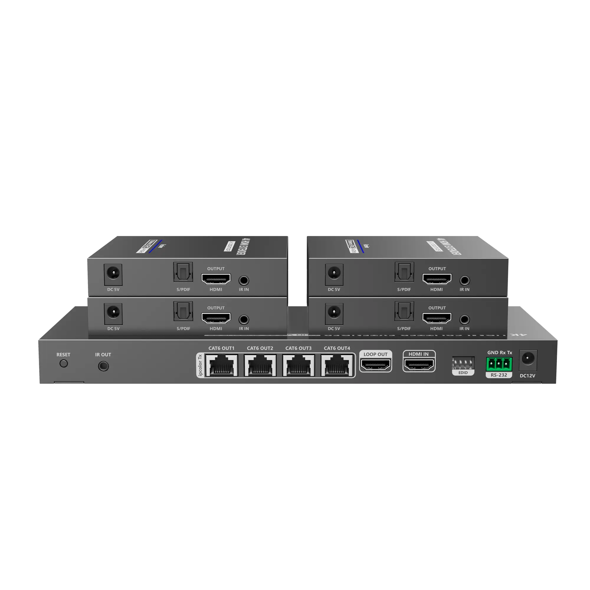 Kit Divisor y Extensor HDMI / Divide 1 Fuente HDMI a 4 Pantallas / Extiende la señal HDMI hasta 70 m / Resolución 4K @ 60 Hz/ Cat 6/6a/7 / IPCOLOR / CERO LATENCIA / Uso 24/7 / Puerto S/PDIF / EDID / RS232 / Salida Loop / Alimente solo el Tx