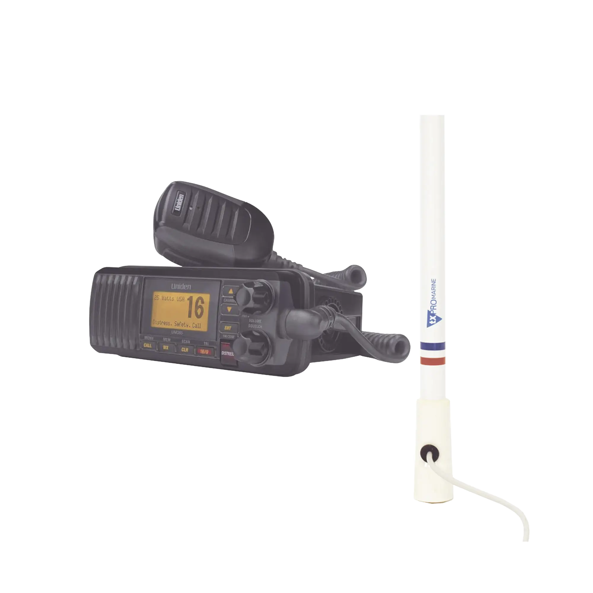 Kit de radio UM385BK | mas antena marina de fibra de vidrio TX-5206-SYS y soporte para antena 4186