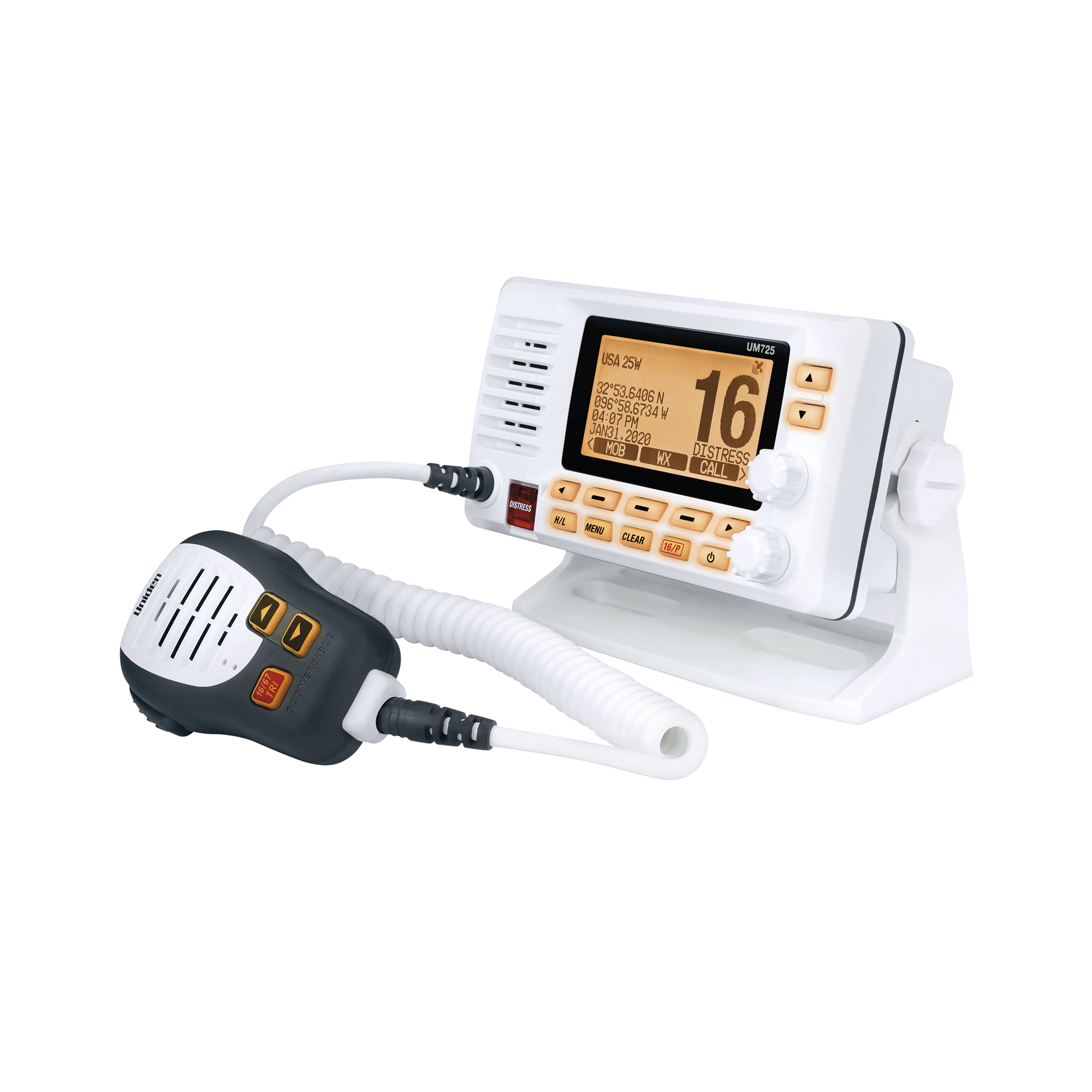 Radio M贸vil Marino VHF, color blanco con receptor de GPS integrado, puerto de conexi贸n NMEA 2000, 25W de potencia de RF, sumergible IPX8.