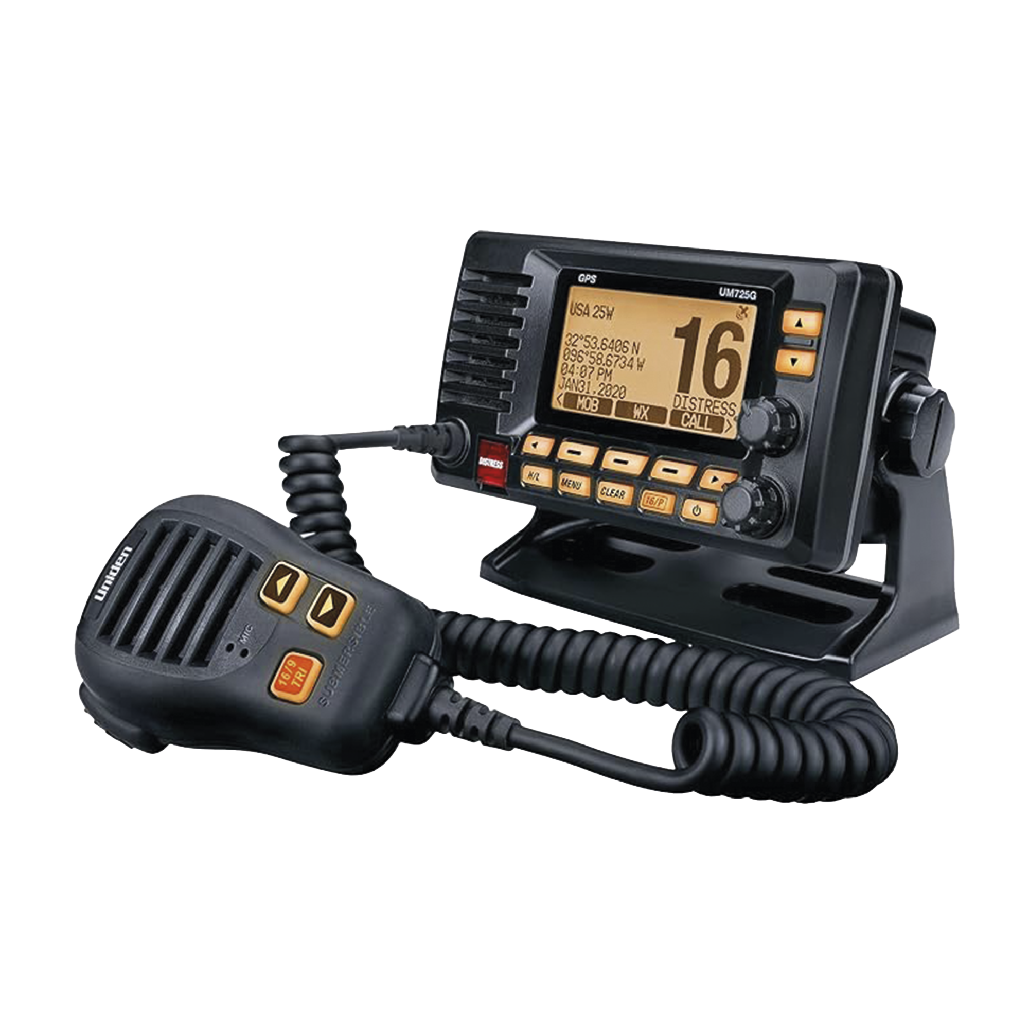 Radio M贸vil Marino VHF, color negro con receptor de GPS integrado, puerto de conexi贸n NMEA 2000, 25W de potencia de RF, sumergible IPX8.
