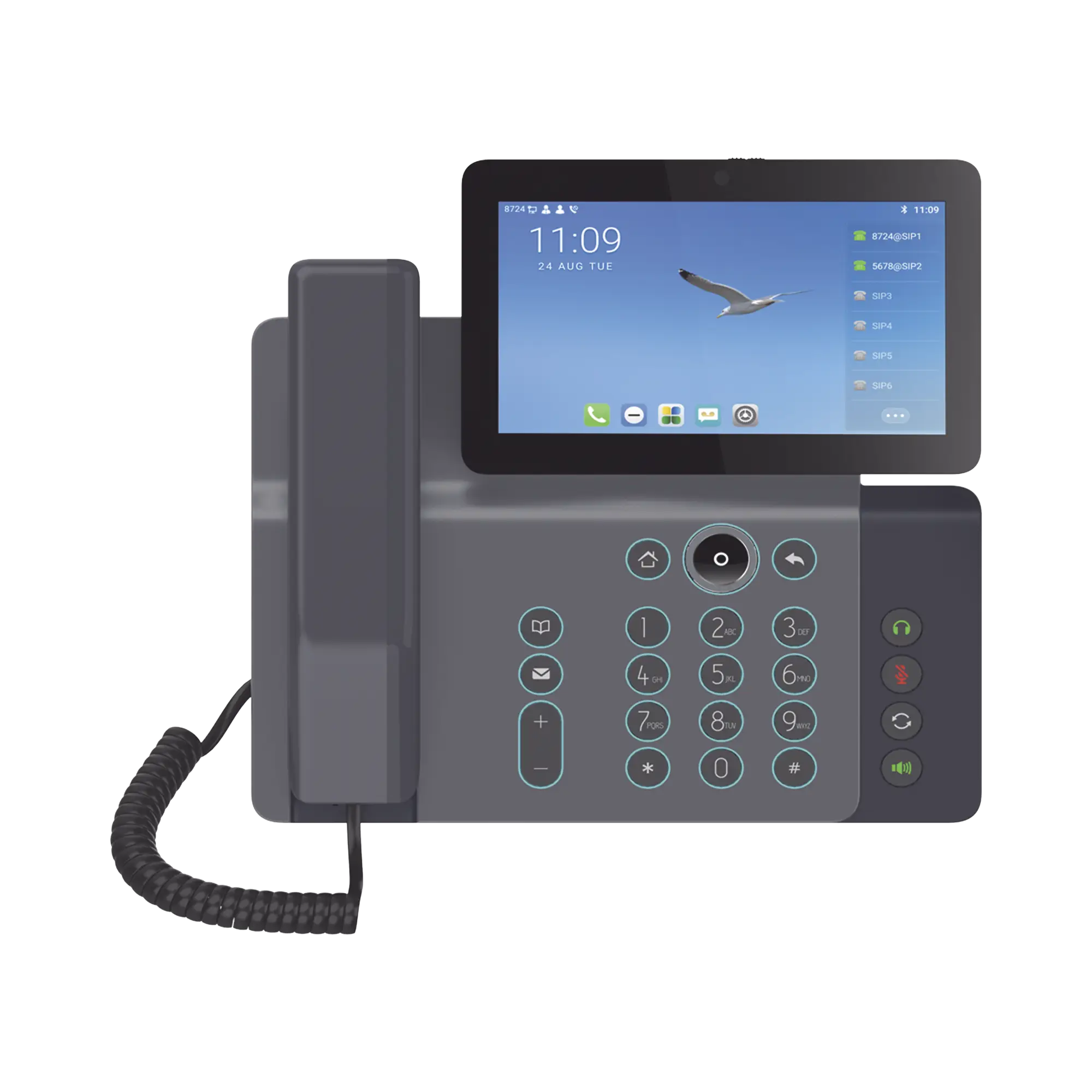 Videoteléfono IP inteligente Insignia, Android 9.0, 20 líneas SIP, pantalla a color 7″ ajustable, Teclado de iluminación configurable, PoE, conferencia local de 10 vías.