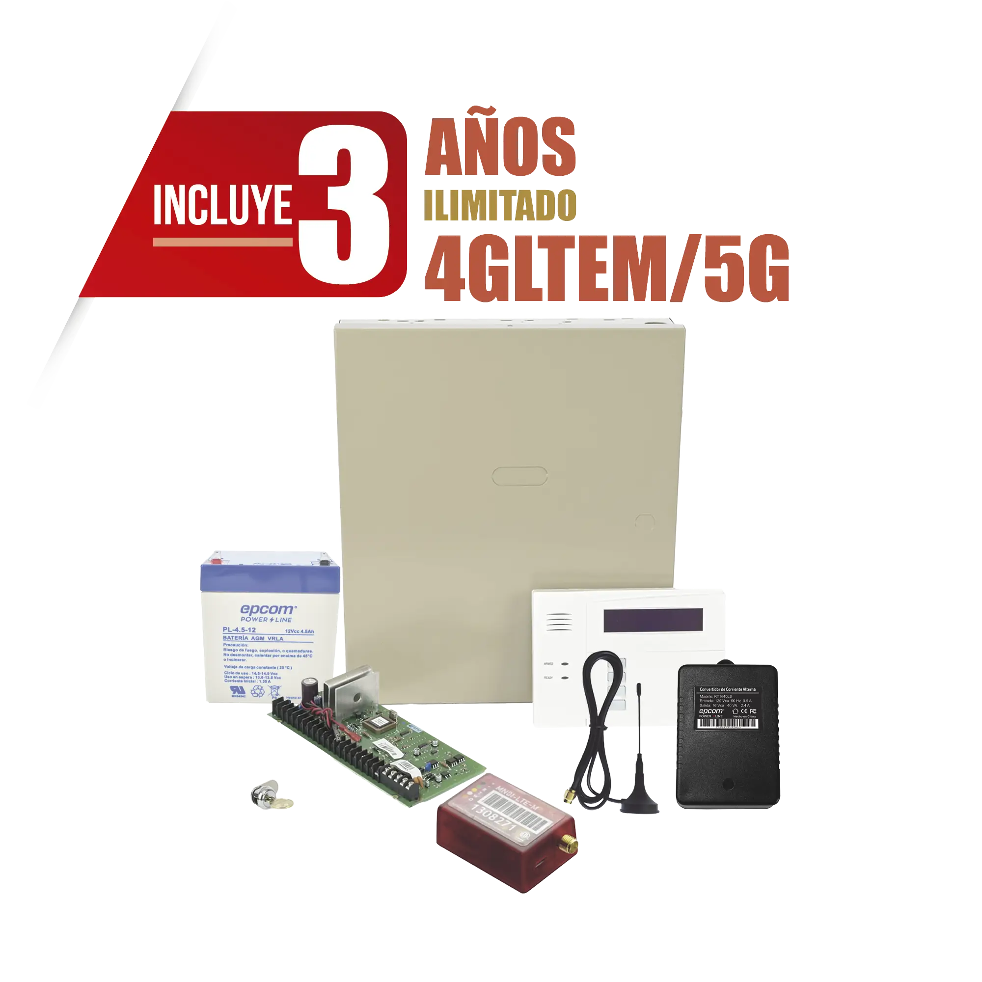 (3 Años 4GLTEM/5G ILIMITADO INCLUIDO) Kit Vista48LA con comunicador 4GLTEM/5G MN01, Teclado, Gabinete, Batería y Transformador