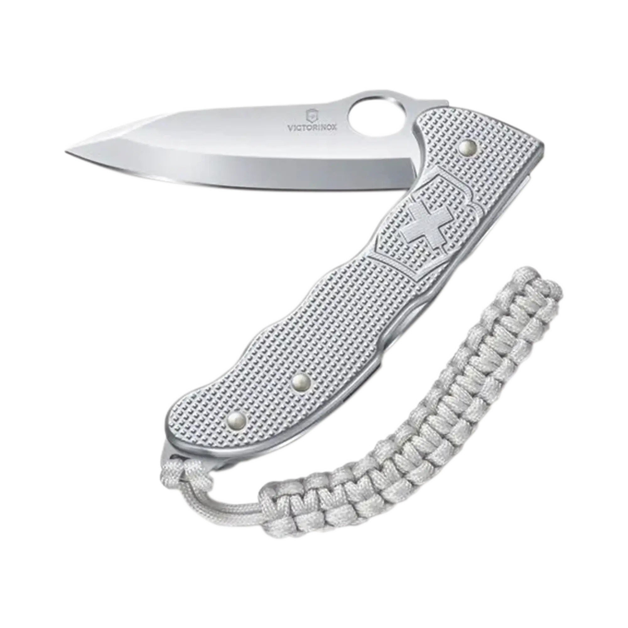 Navaja Victorinox Hunter con Cachas Alox Acanaladas y Hoja a una Mano. Con Colgante Paracord Plateado.
