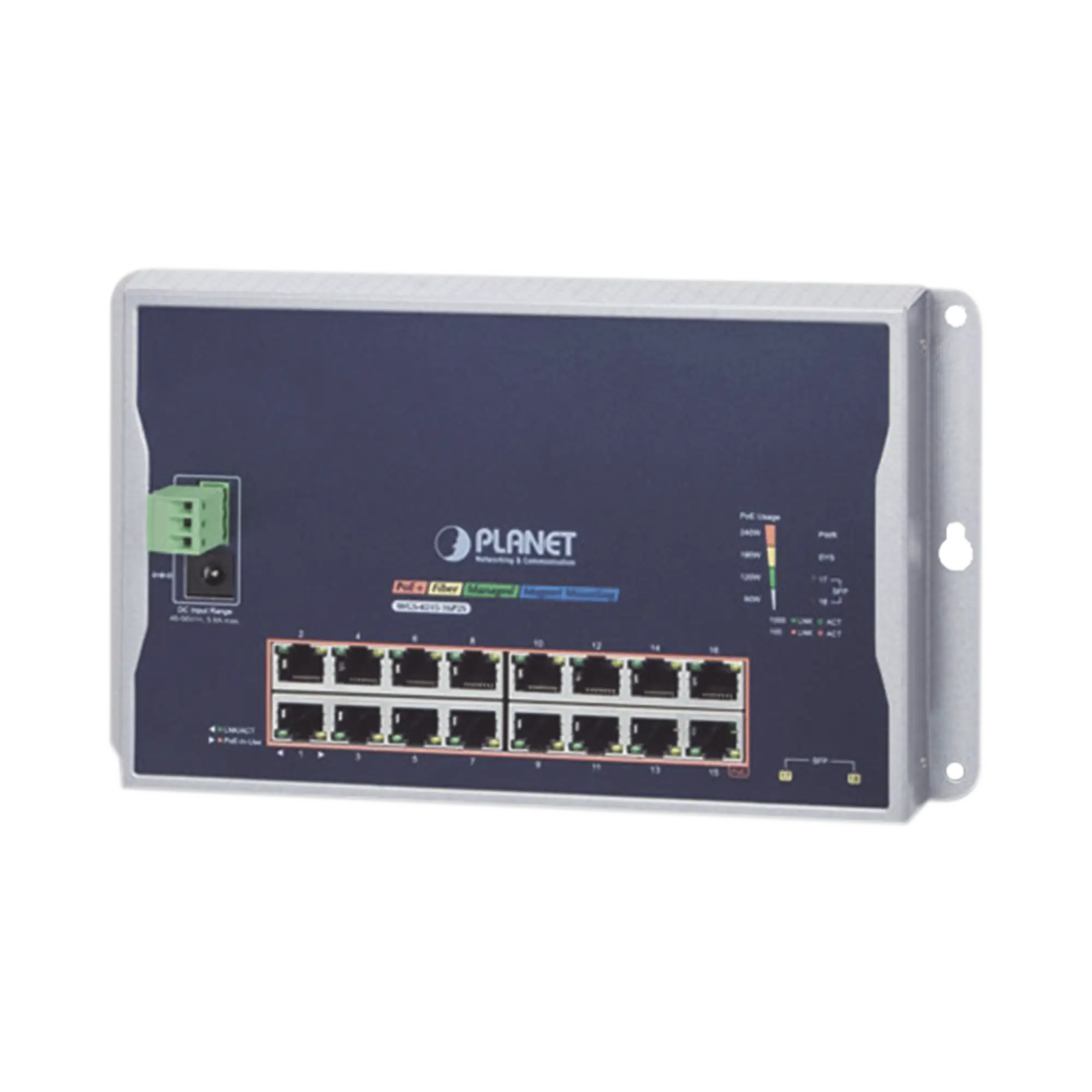 Switch Industrial Administrable Capa 2 de Pared,16 Puertos PoE 802.3at Gigabit y 2 Puertos SFP