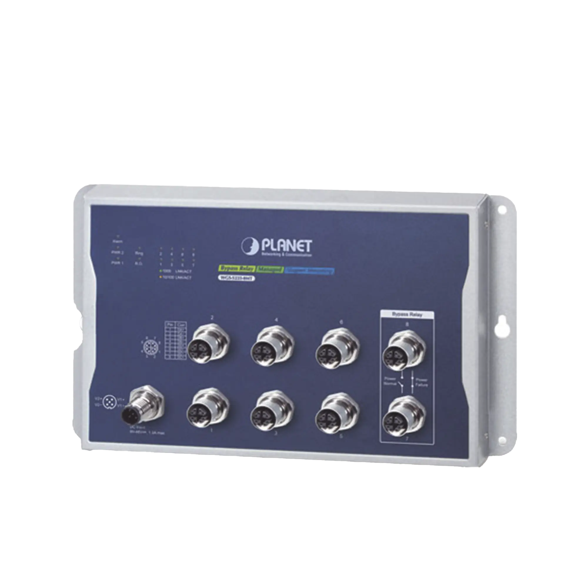 Switch Industrial Tipo Plano, Capa 2, 8 Puertos M12 10/100/1000T, Con Modo Bypass, Carcasa IP40