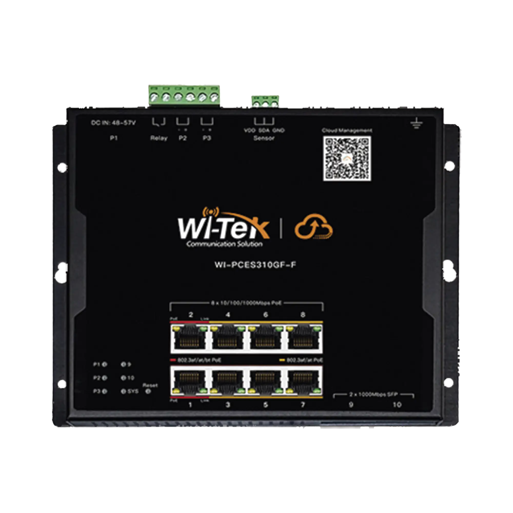 Switch L2 PoE Industrial / Administración Cloud Gratuita / 8 Puertos PoE af/at/bt 10/100/1000 Mbps / 2 Puertos SFP Gigabit / Máx Presupuesto PoE 145 W / Montaje Magnético – Riel DIN.