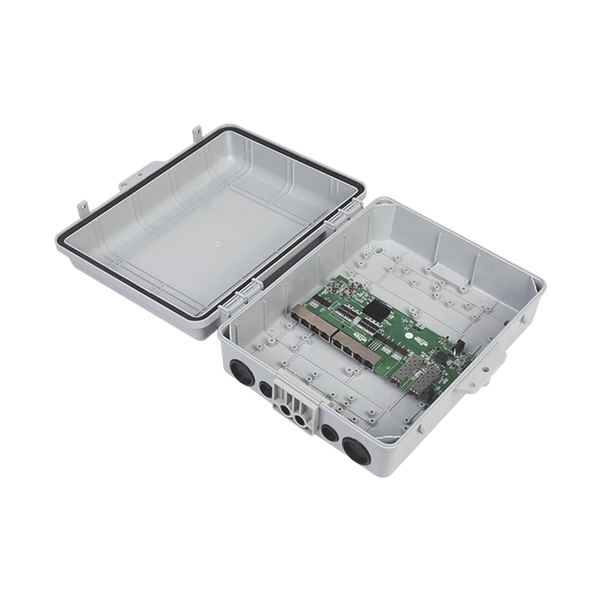 Switch WISP/FTTx con 7 puertos PoE inverso de 24V Pasivo (PoE in), 1 puerto PoE out de 24V + 2 SFP, Integrado con Gabinete NEMA IP67 para exterior