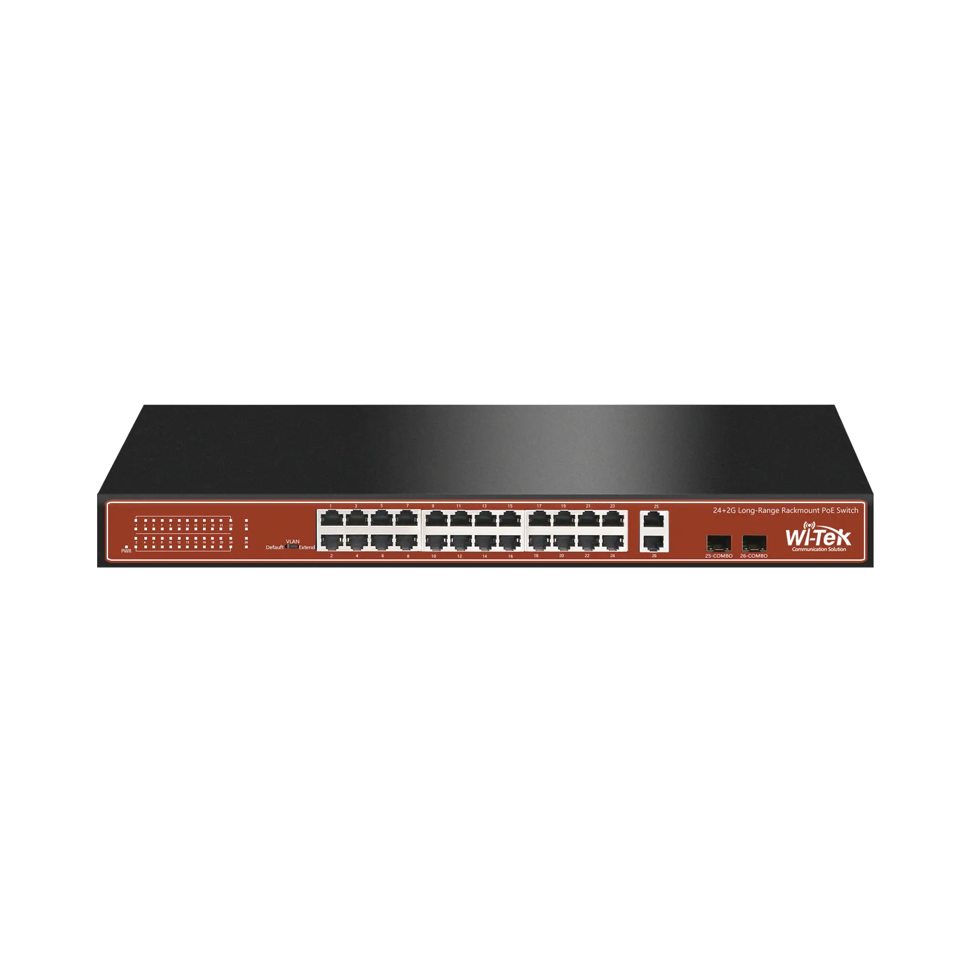 Switch PoE (802.3af/at/bt) / No administrable de largo alcance / Hasta 250m / Con 24 x 10/100Mbps + 2 x SFP Gigabit Combo / 250 W