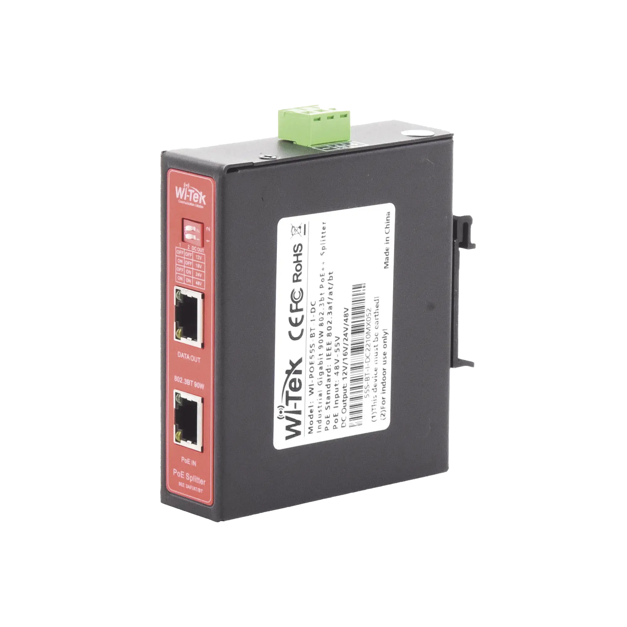 Splitter PoE IN hasta 90 W / Salida DC 12v/16V/24v o 48V / Carcasa metálica / Industrial soporte para riel DIN / Aplicaciones CCTV