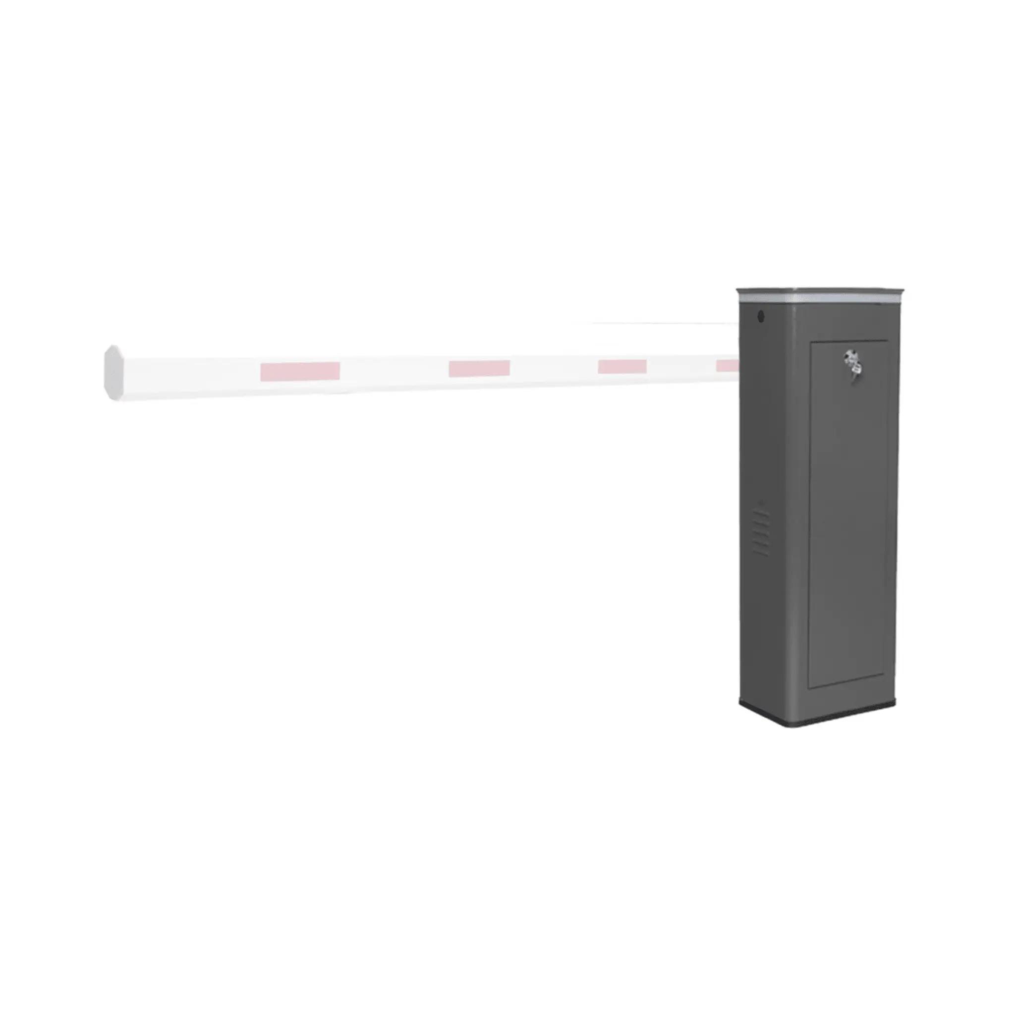 Barrera Vehicular Izquierda / Soporta Brazo de Hasta 5.5 m / Final de Carrera Ajustable por Programación / Movimiento Fluido / Diseño Elegante Color Gris / Con Corona Led Semaforizada