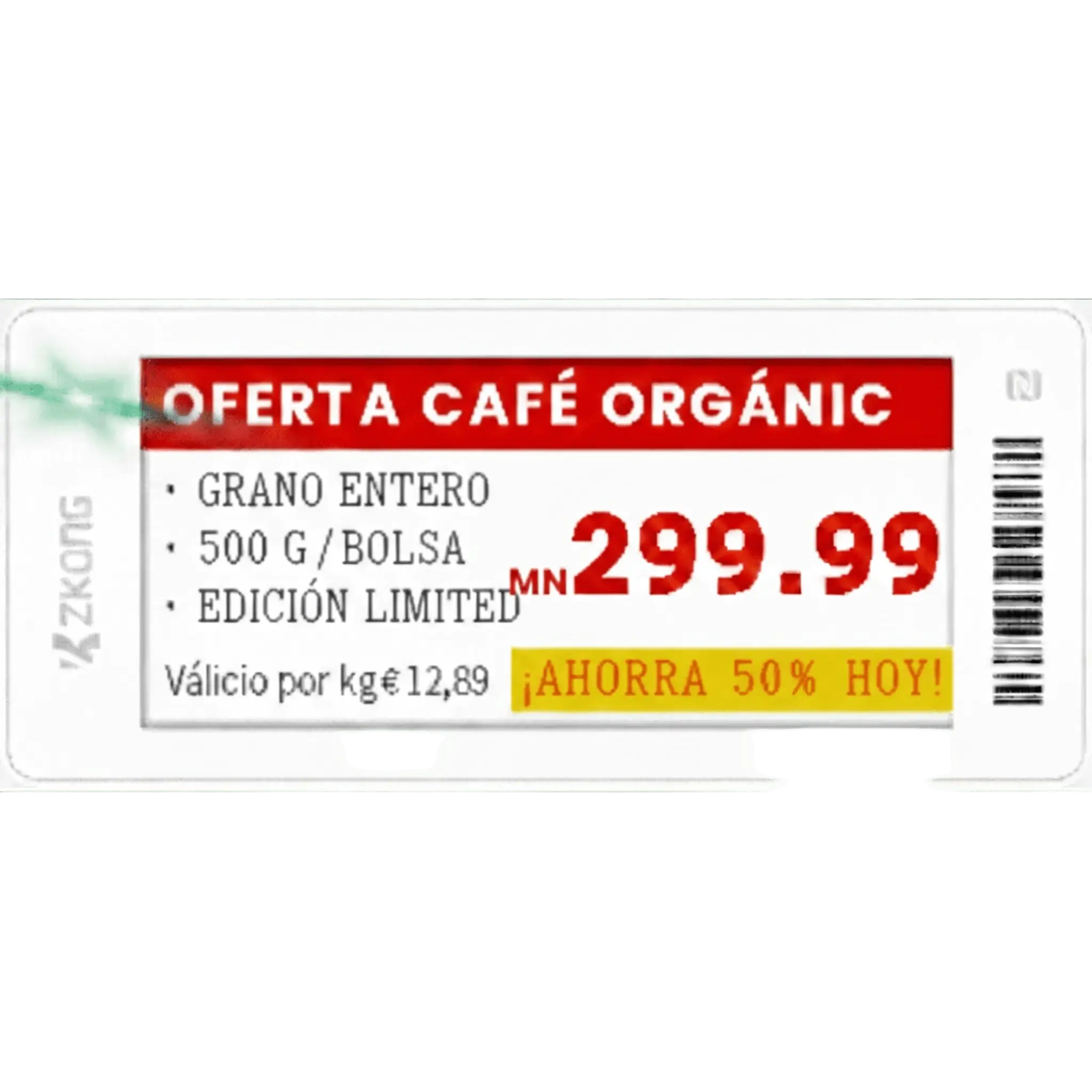 Etiqueta Electrónica de Estantería ZKE29B / Pantalla EPD Gráfica 2.9 Pulgadas / Resolución 296×128 Píxeles / 4 Colores (Negro Blanco Rojo Amarillo) / BLE 5.0 con Encriptación AES-128 / Batería 5 Años