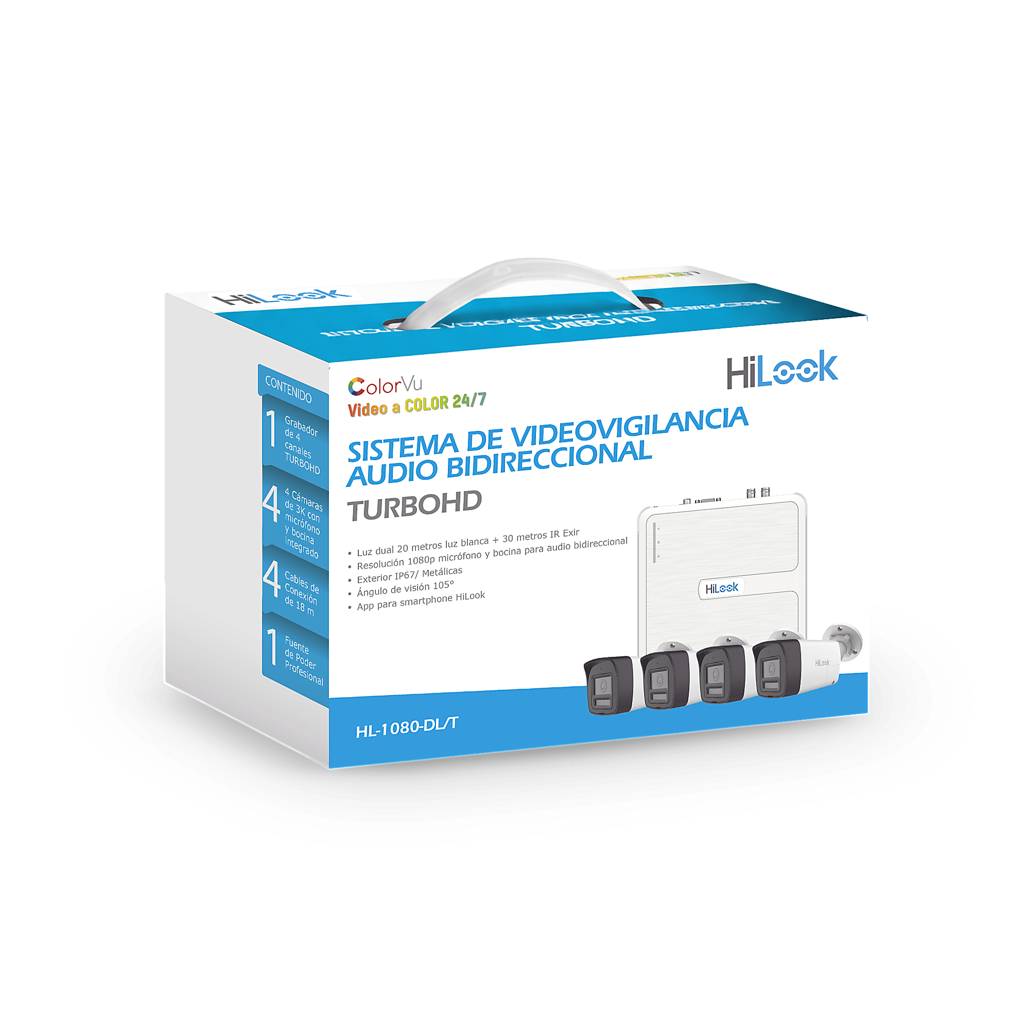 KIT TurboHD 1080p / DVR 4 canales / 4 Cámaras Bala de Metal / H.265+ / 1 Fuente de Poder Profesional / Accesorios de Instalación