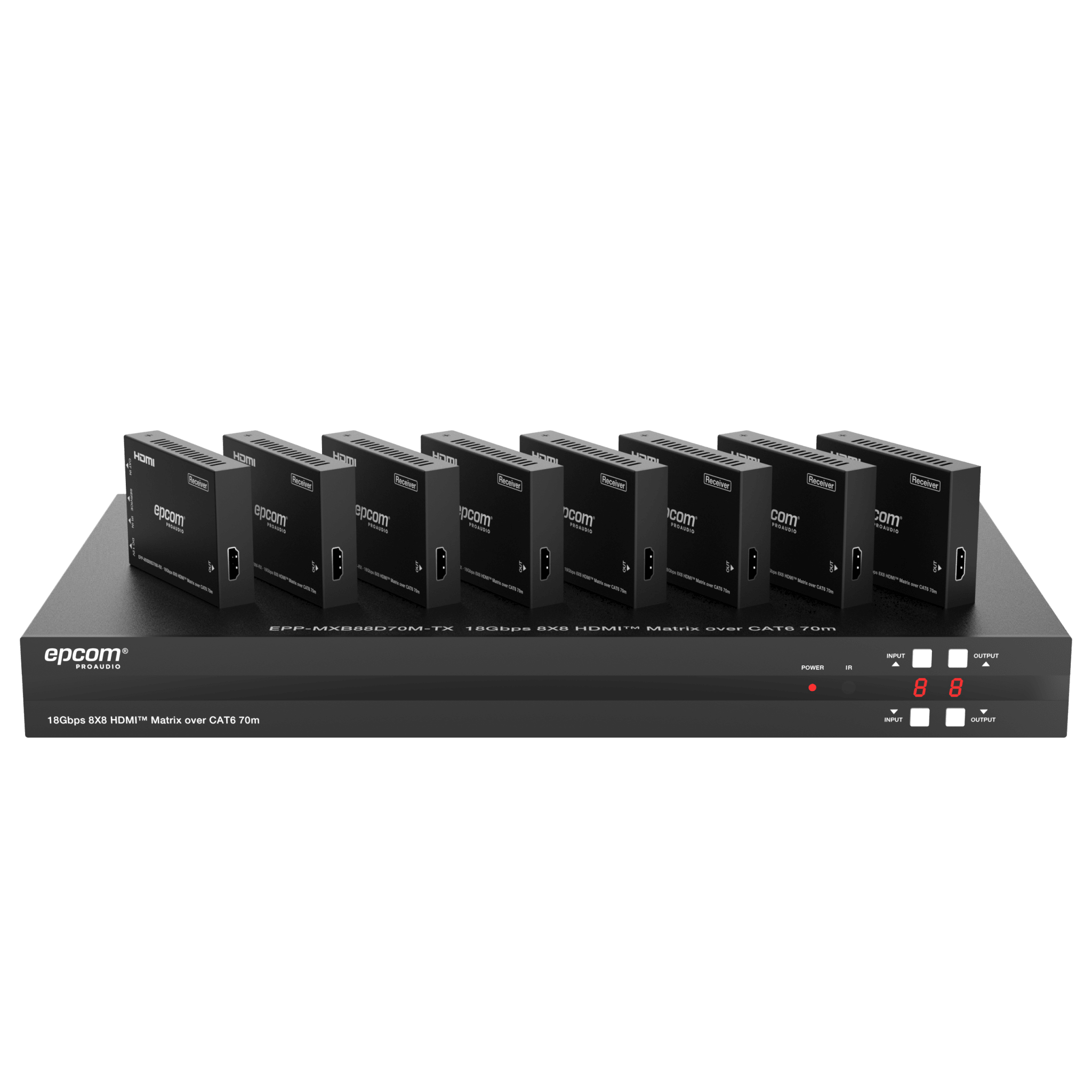 Matriz HDMI 8×8 | 4K@60Hz 4:4:4 | 8 Salidas HDMI + 8 CAT | Extensión hasta 70 m | Audio HD | Control IR/LAN/RS-232/Web GUI