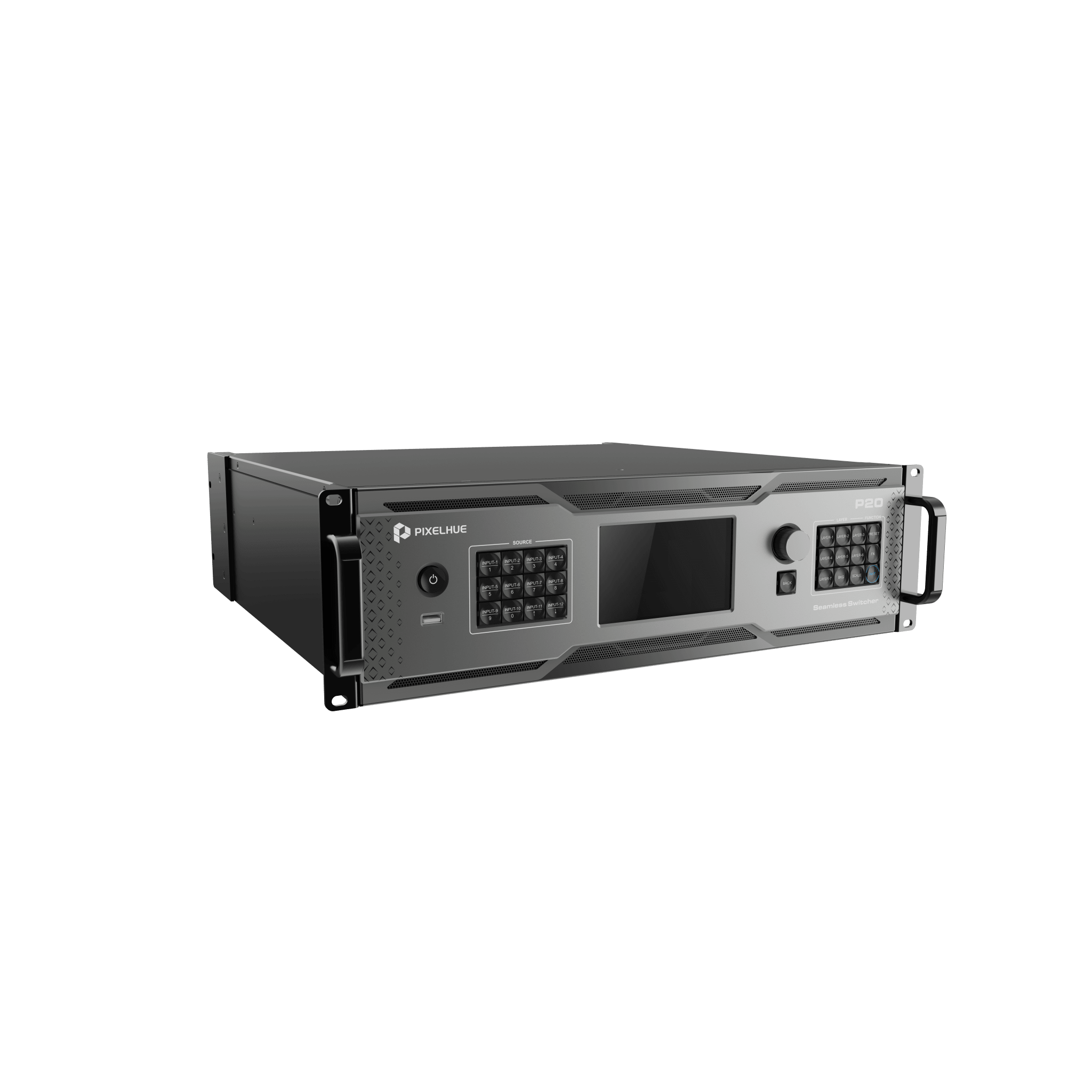 Switcher de Presentación 4K / Hasta 12 Capas DL (2 MAIN + 10 PIP) / 10G Fibra Óptica 10 km / HDMI 2.0 DP 1.2 12G-SDI / Modos Duales Switcher y PGM / Dante Audio 32×32 / Multiviewer Dedicado / Backup Automático